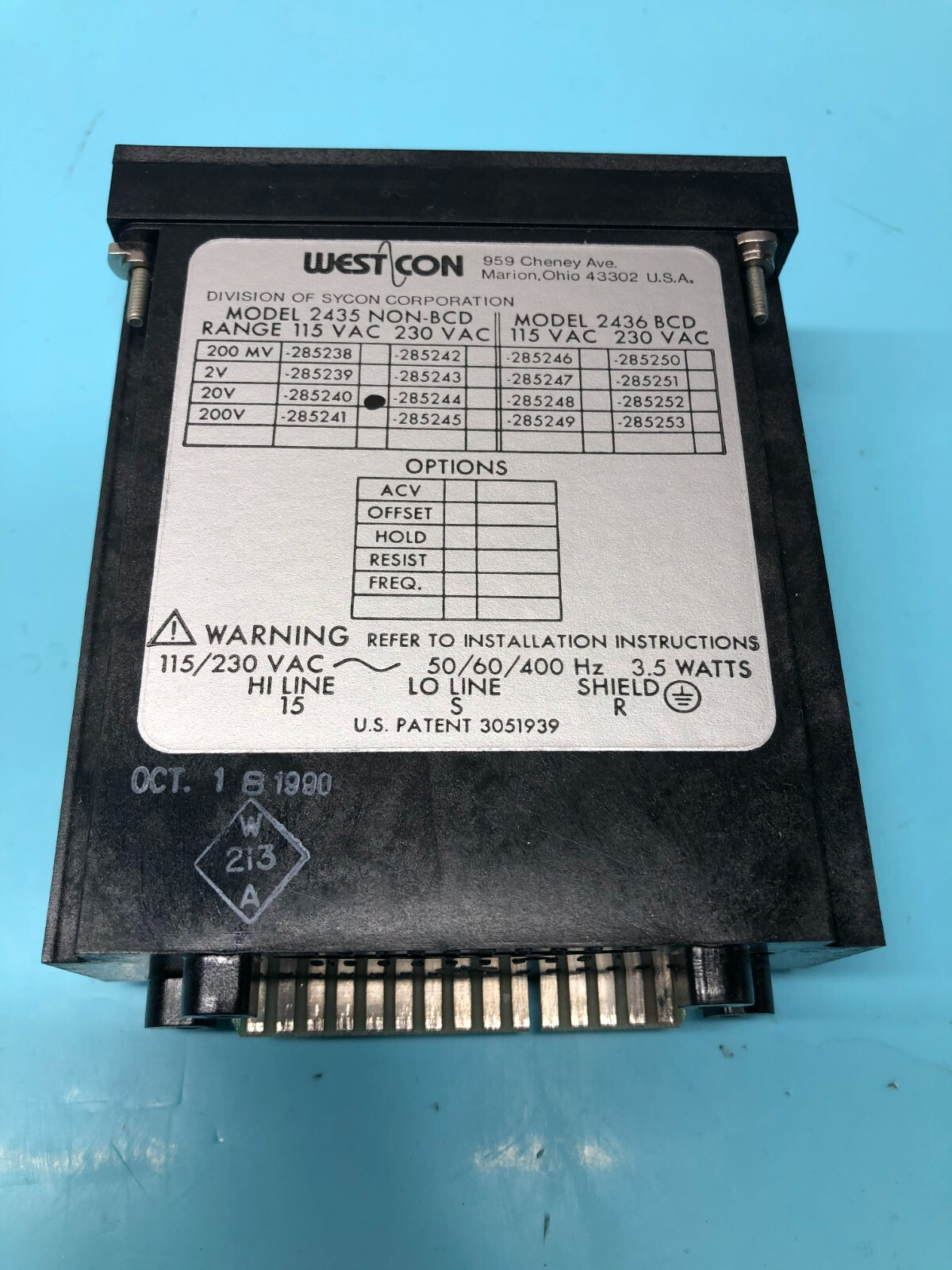 WESTCON Weston Counter 2435 NON-BCD Digital Panel Meter Runs 115VAC 0-2V, 150562