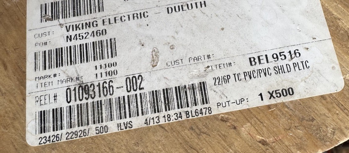 Belden 9516 22/6P TC PVC/PVC Shielded PLTC. 500 Ft Spool