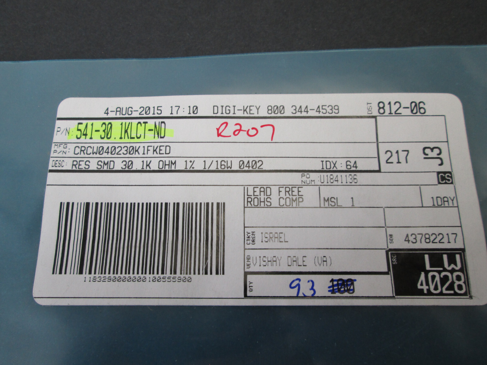 Lot of 93 Digi-Key Vishay Dale 30.1 kOhms ±1% 0.063W, 1/16W Chip Resistor 0402
