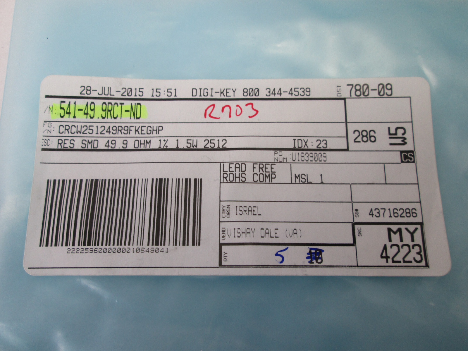 Lot of 5 Digi-Key Vishay Dale 49.9 Ohms ±1% 1.5W Chip Resistor 2512 (6432 Metric
