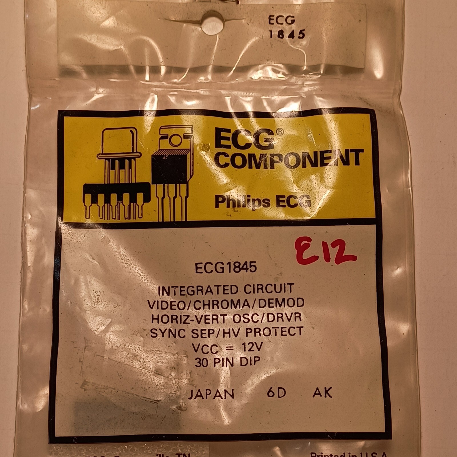 ECG1845 Intergrated Circuit Video/Chroma/Demod Horiz-Vert OSC/Drvr Sync Sep E12