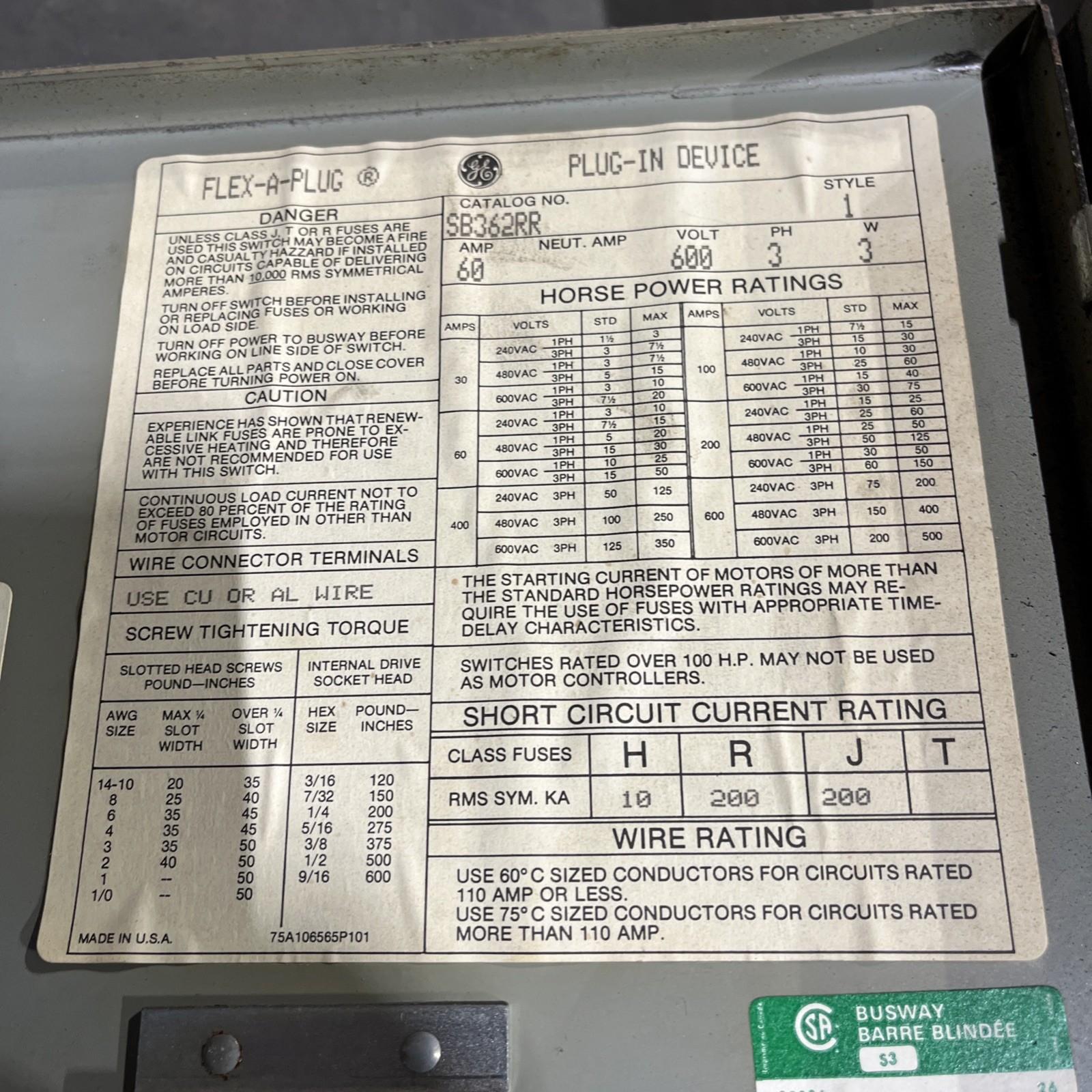 *Used In Great Shape* GE SPECTRA SB362RR/RG/RGR 60A 600V 3PH 3W FUSIBLE BUS PLUG