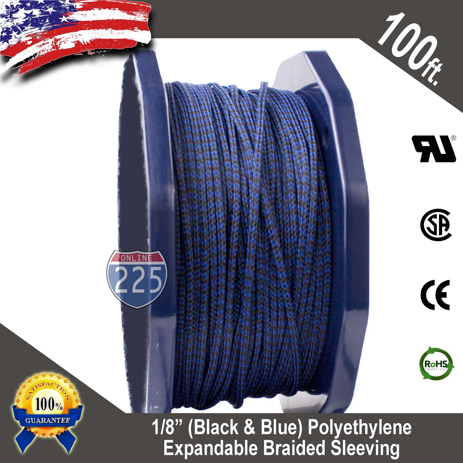 100 FT 1/8″ Blue & Black Expandable Wire Sleeving Sheathing Braided Loom Tubing