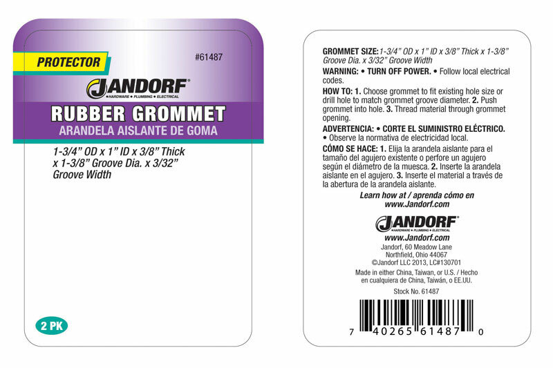 Jandorf RUBBER GROMMET 2pk 1-3/4″ Dia 3/8″ Depth Cover Holes Protect Cable 61487