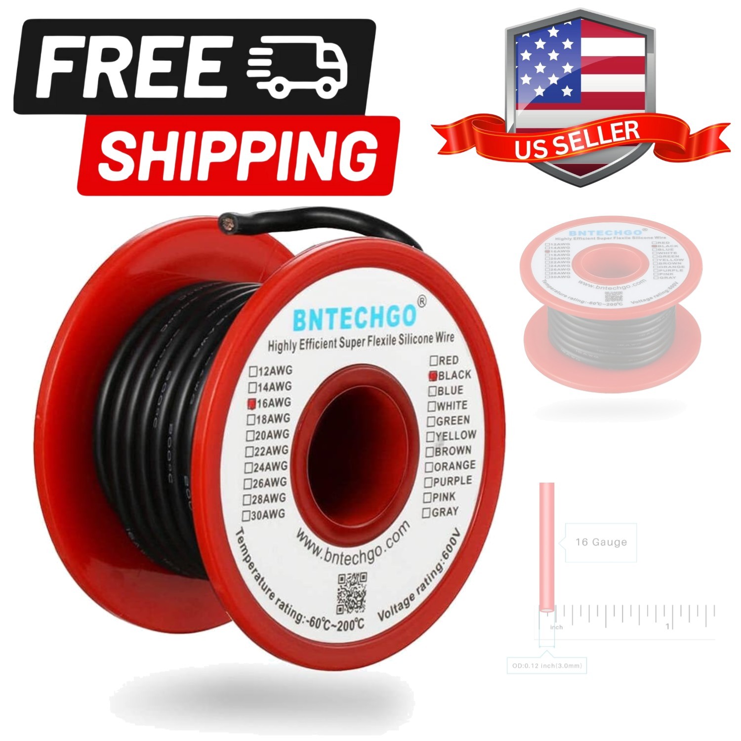 16 Gauge Silicone Wire Spool 25 ft Black Flexible 16 AWG Stranded Tinned Copp…