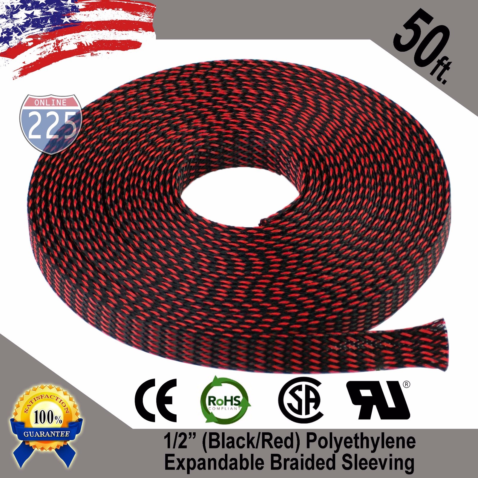 50 FT 1/2″ Black Red Expandable Wire Sleeving Sheathing Braided Loom Tubing US