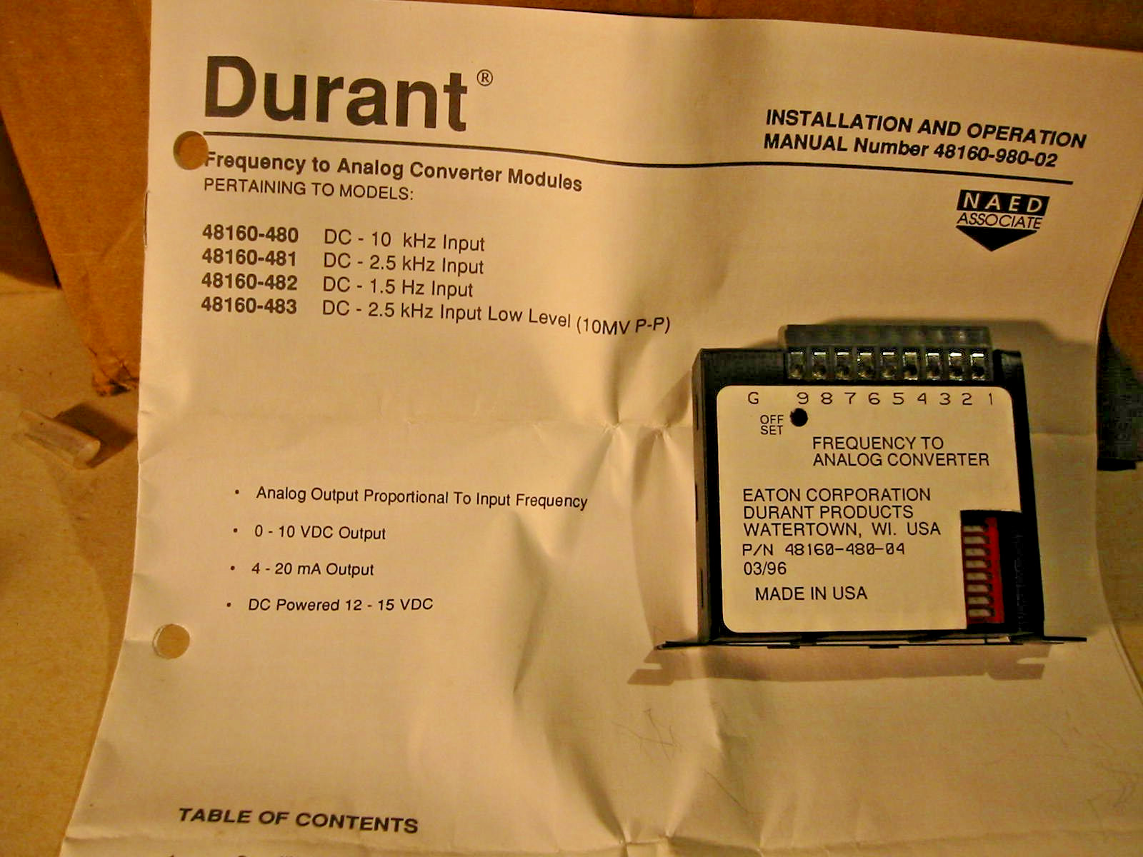 Durant 48160-480-04 Frequency to Analog Converter w/ install manual
