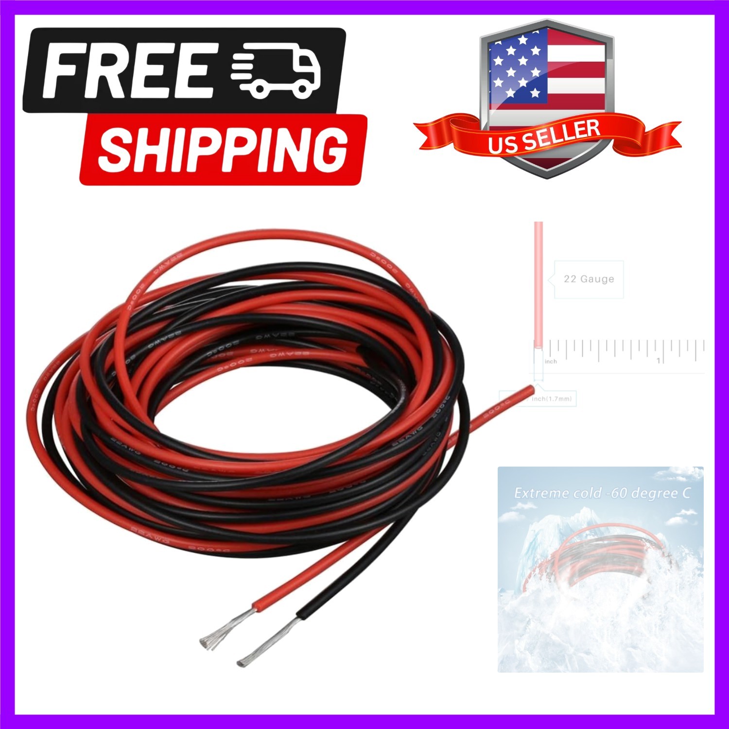 22 Gauge Silicone Wire 10 ft red and 10 ft Black Flexible 22 AWG Stranded Tin…