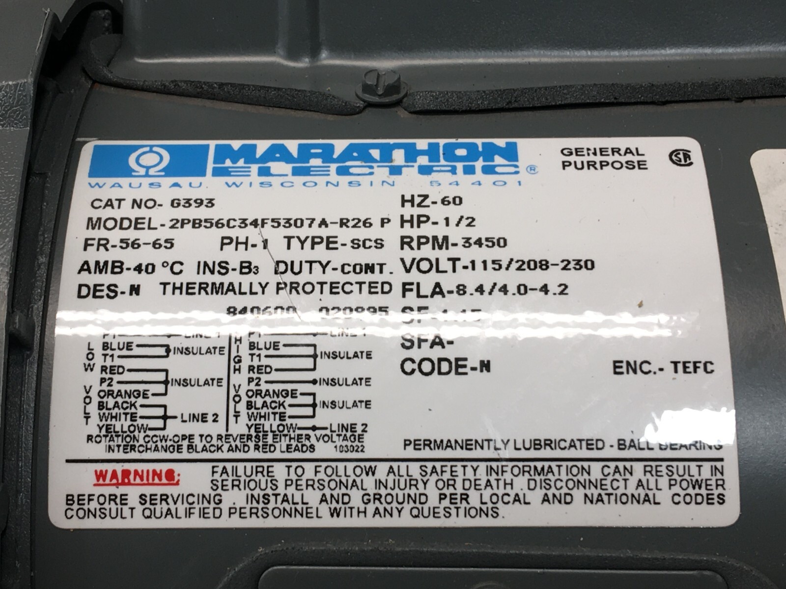 Marathon 2PB56C34F5307A-R26 Blower, 1/2HP, 1PH, 60Hz, 3450 RPM, 138971