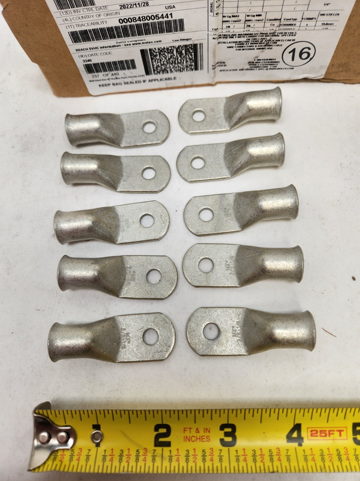 10 Tin Plated Copper Ring Lug Terminal Connector #2/0 Wire Gauge 1/4″ Stud MOLEX