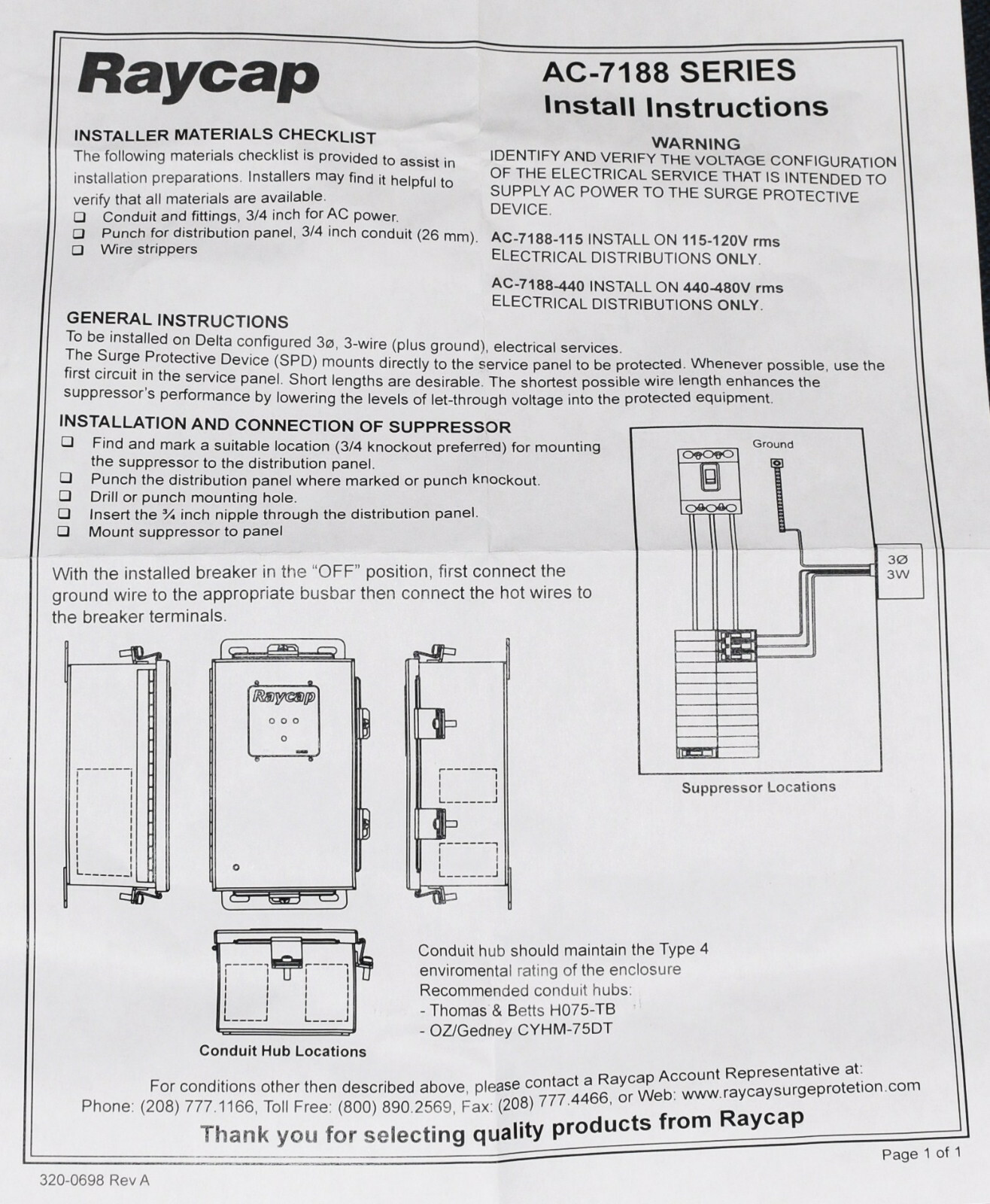RAYCAP 440-480 V RMS AC 3-PHASE DELTA 3-WIRE SURGE PROTECTOR SUPRESSOR TYPE 2