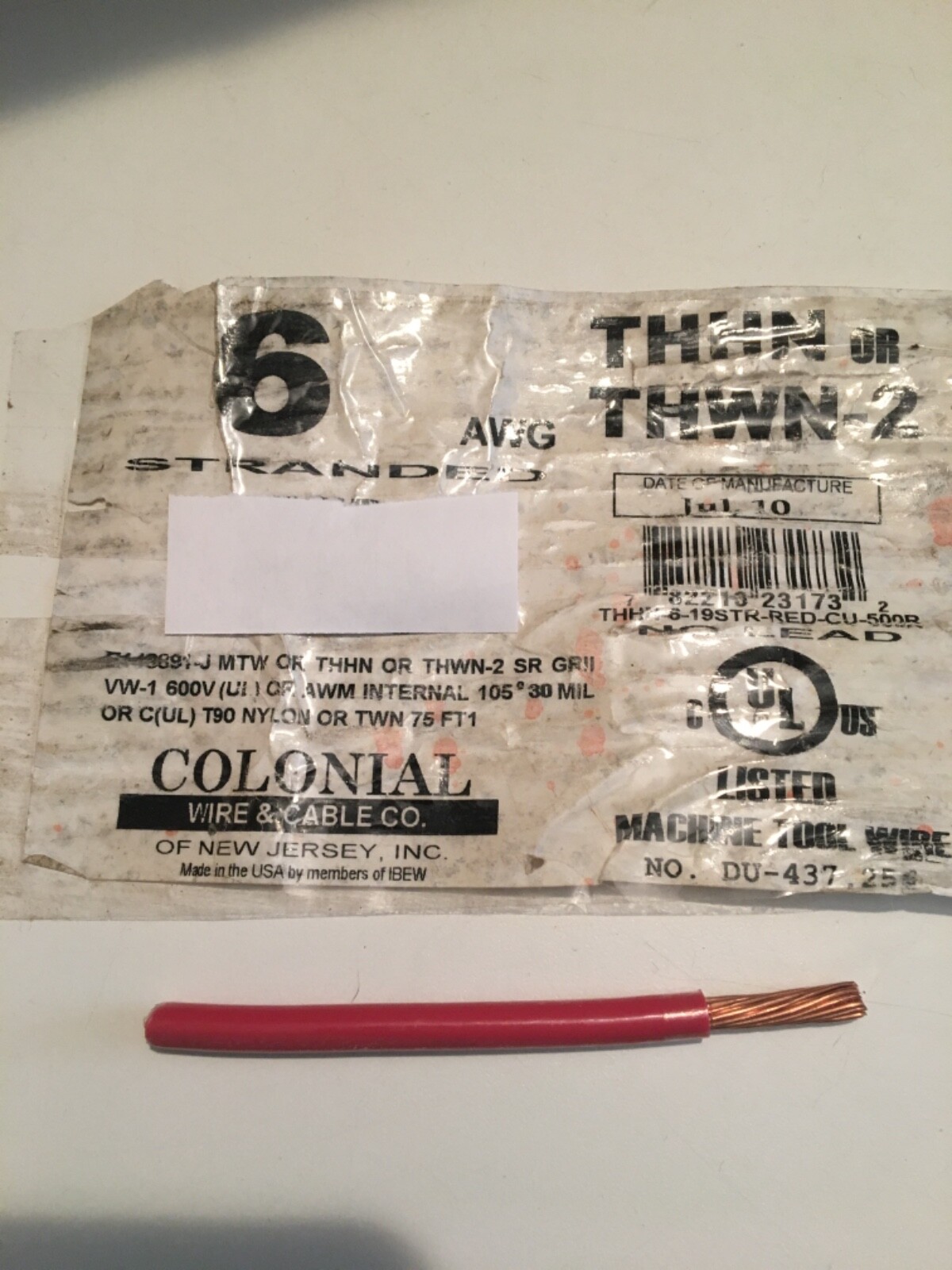 Colonial THHN 6 AWG 50 ft RED New PVC stranded copper wire