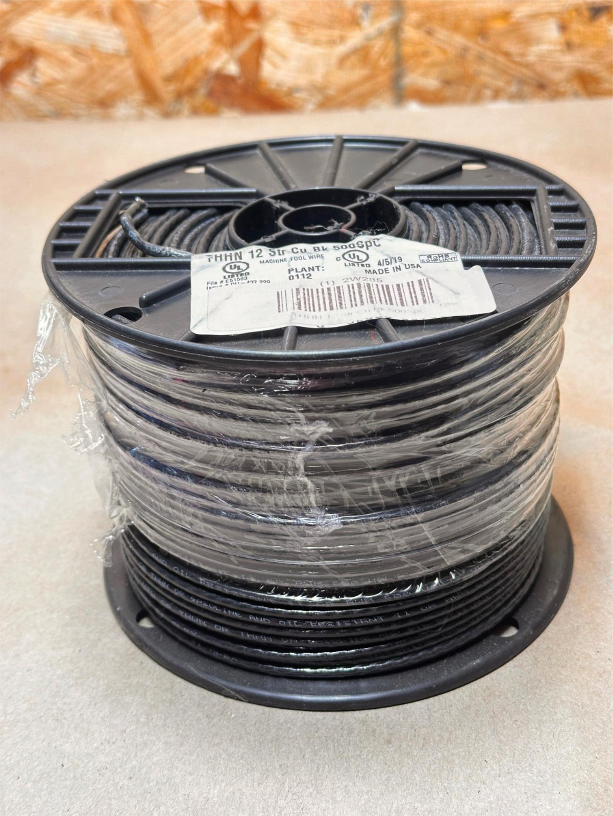 500ft Machine Tool Wire 12Str 12Awg THHN Cu 500SpC BLACK Wire 600V USA Made