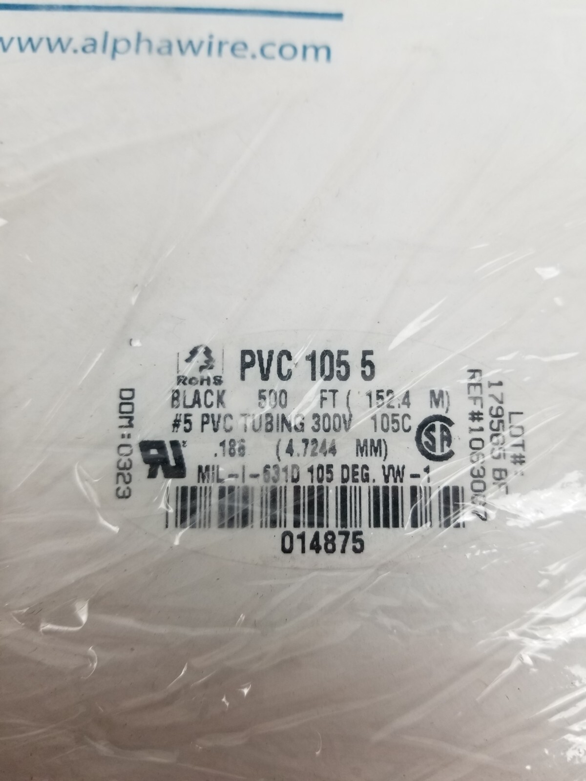 500′ Alpha Wire PVC 105 5 PVC1055 PVC Heatshrink Tubing #5 300V .186″ 4.72mm NEW