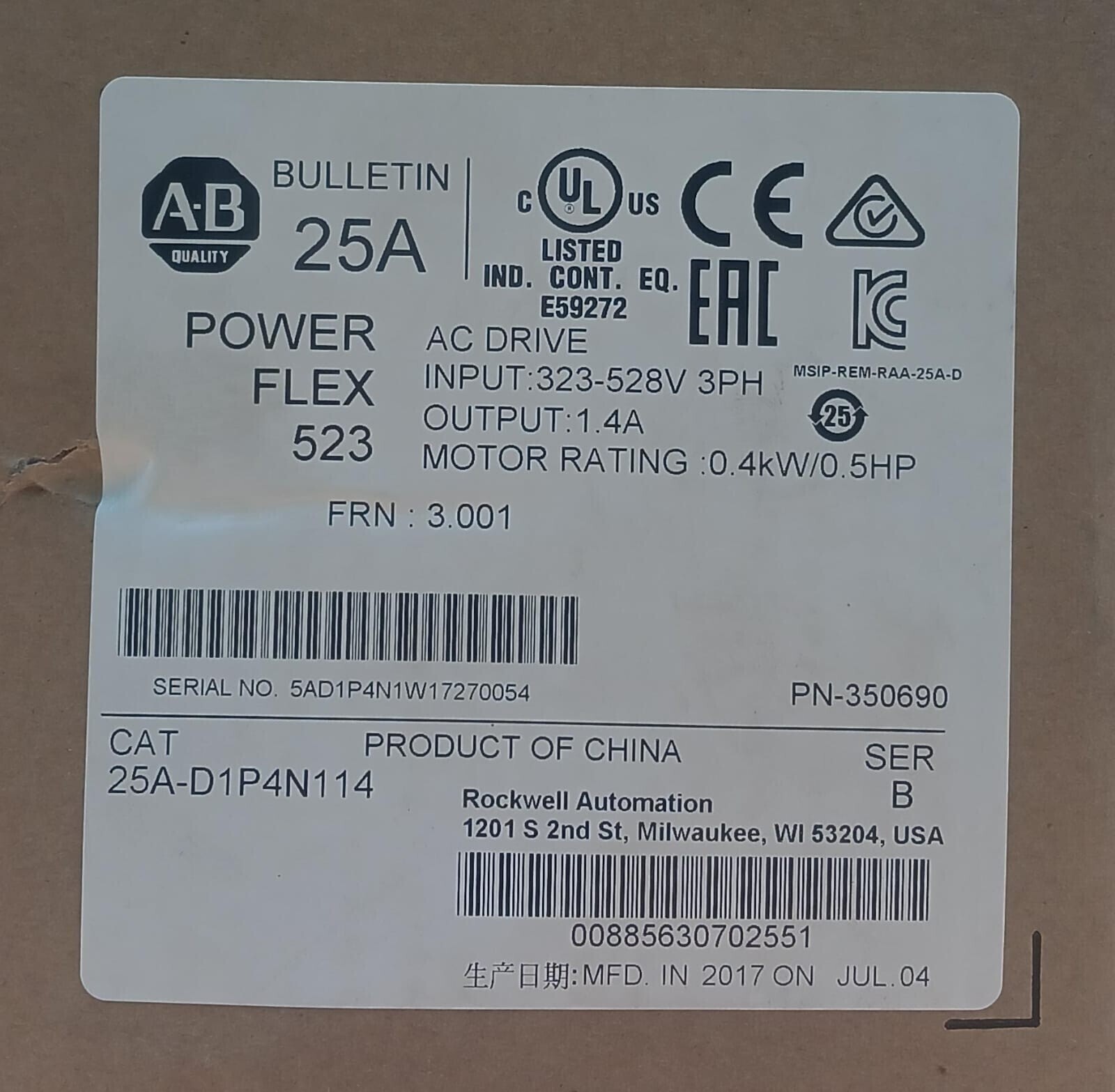 New AB 25A-D1P4N114 Free Shipping New in Box New Factory Sealed PLC
