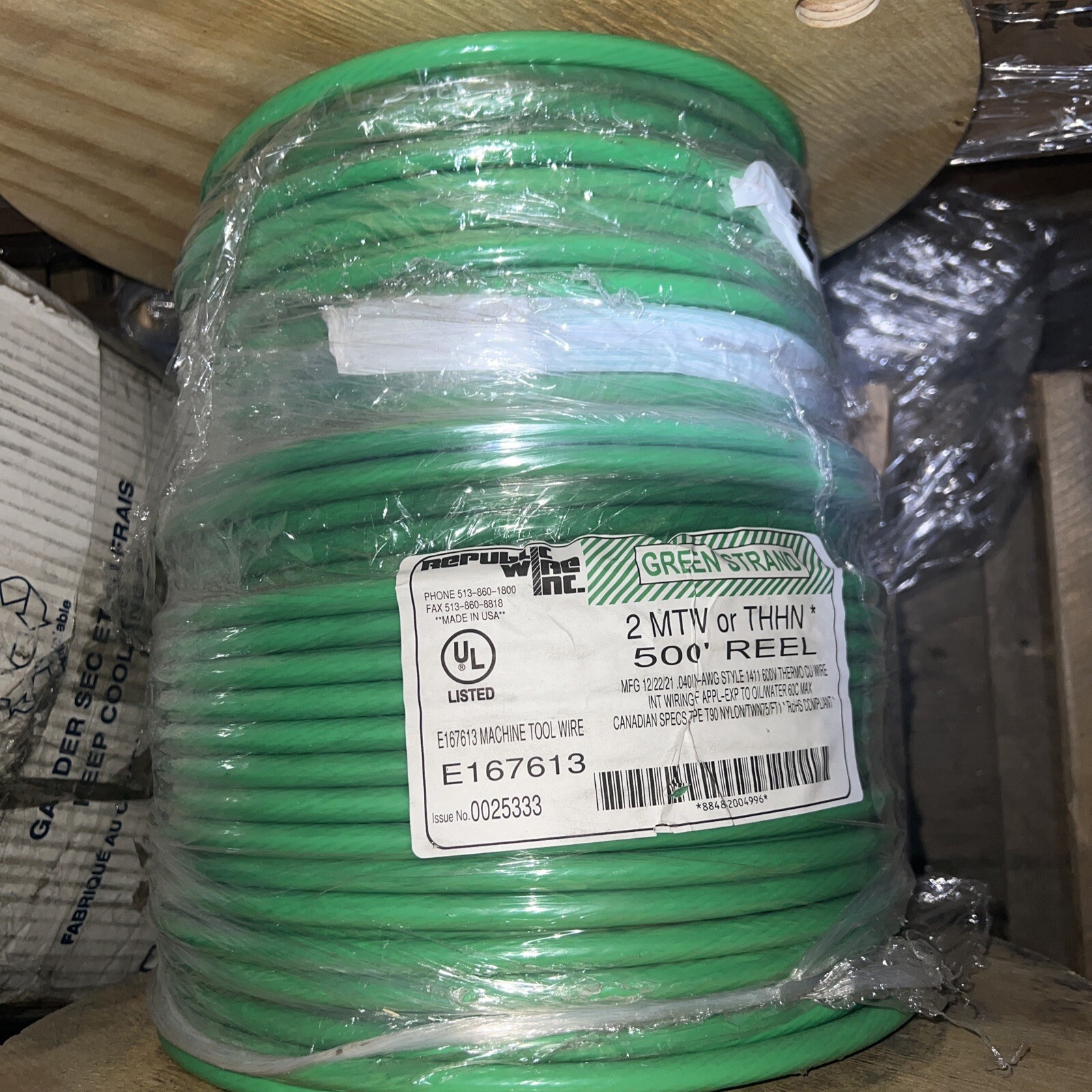 Republic Wire E167613 Style 1411 Type T90 Nylon/twn75/ft1 2mtw Thhn Green 500ft