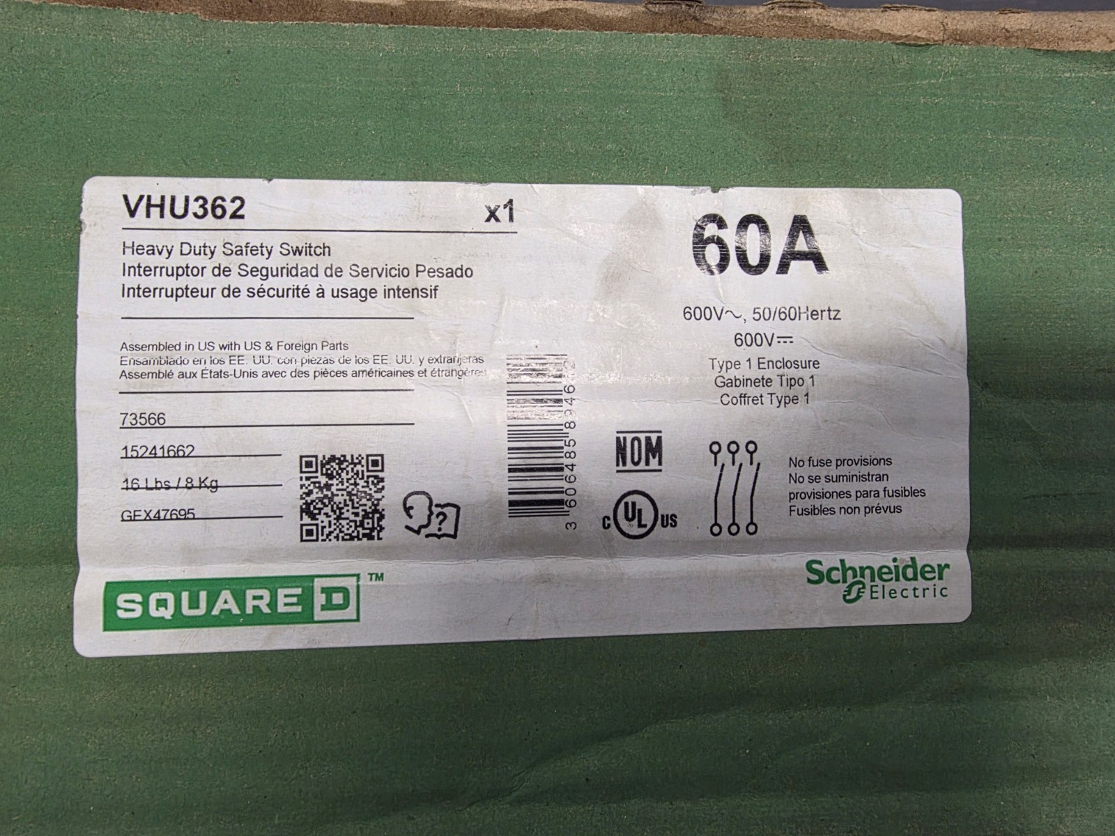 NIB – Square D – VHU362 – Heavy-Duty, Unfused Safety Switch , Viewing Window And