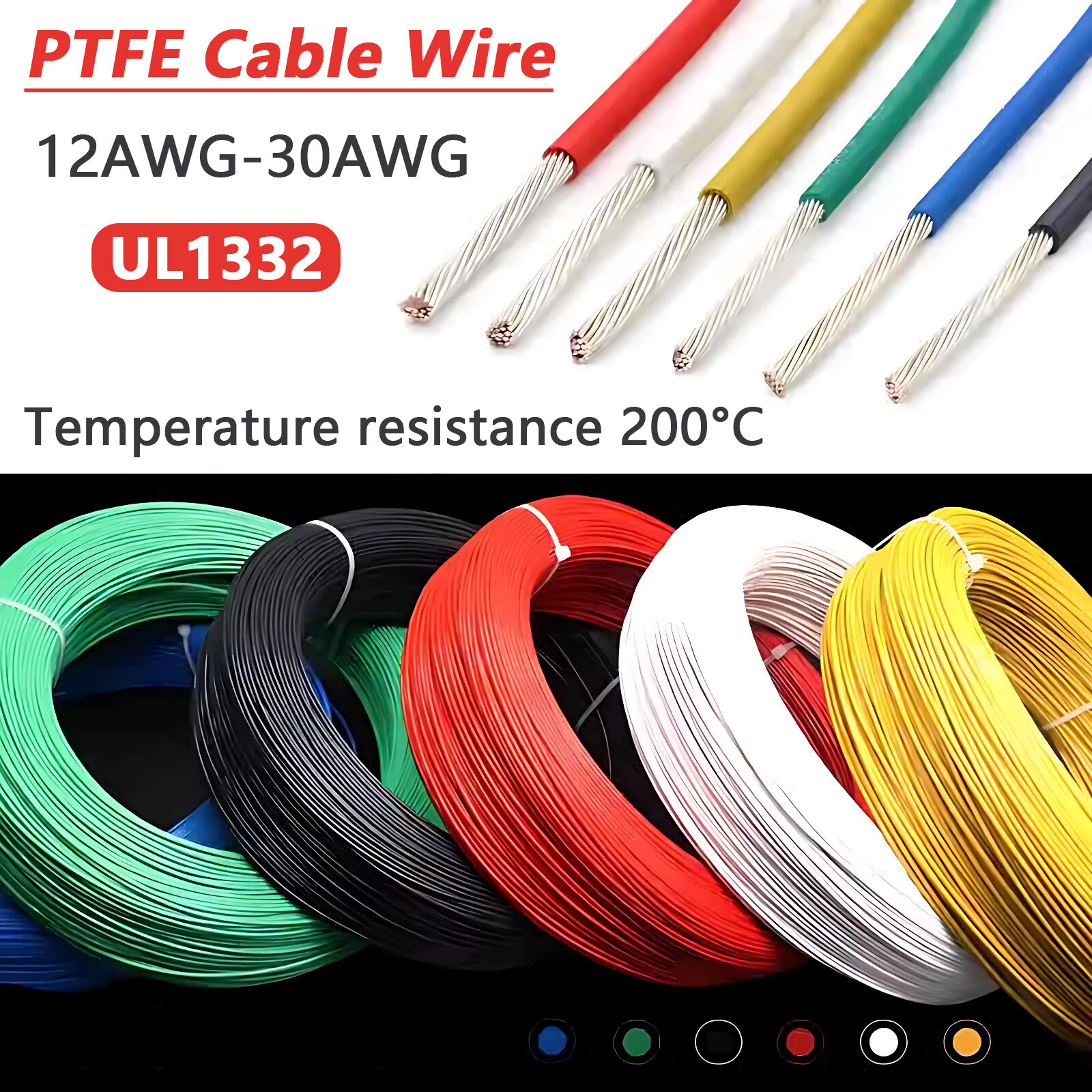 PTFE Cable Wire 12/14/16-28AWG Flexible Tinned Copper UL1332 Colour Cable Wire