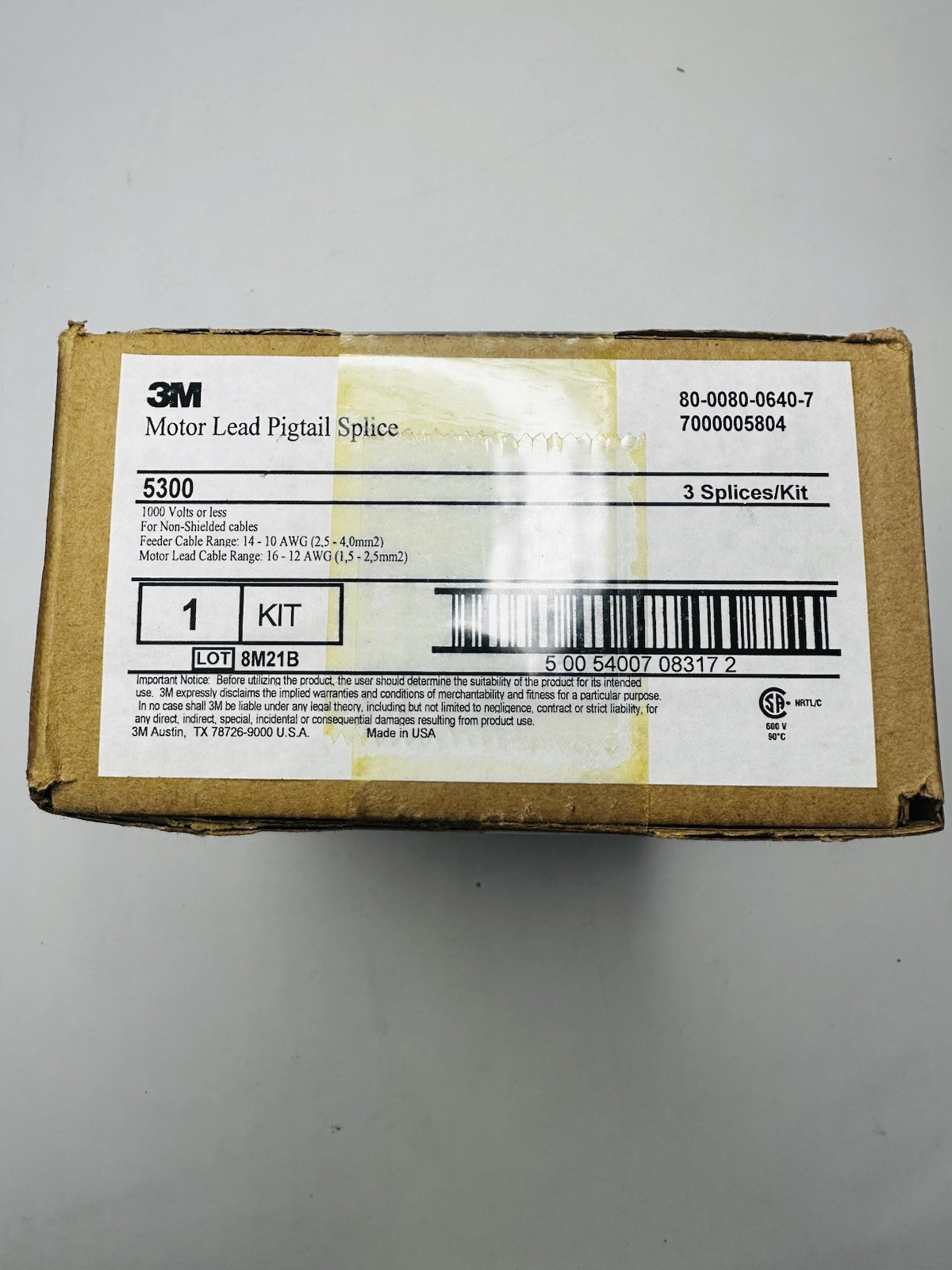 3M Motor Lead Pigtail Splice 80-0080-0640-7, 7000005804, 5300 3 Spices/Kit
