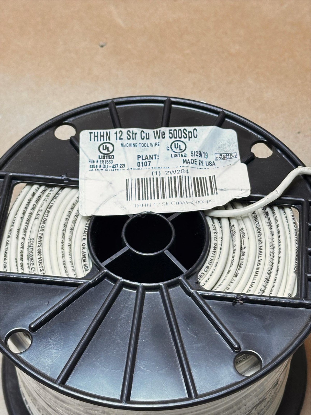 500ft Machine Tool Wire 12Str 12Awg THHN Cu 500SpC WHITE Wire 600V USA Made