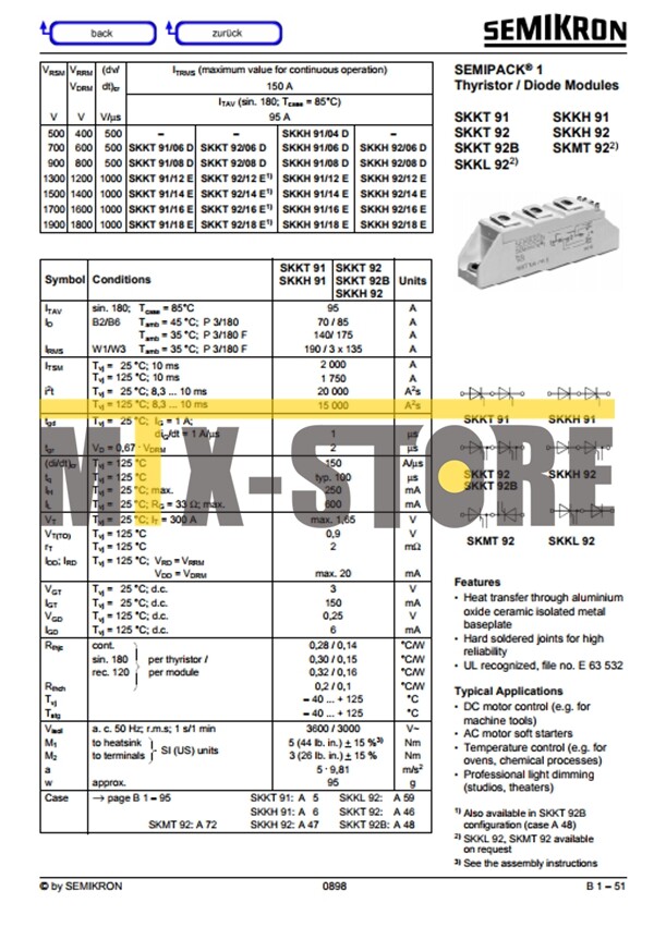1PCS Brand New SEMIKRON Module SKKT92/16E SKKT92-16E Quality Assurance