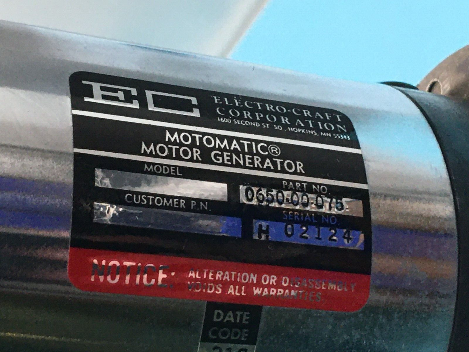 ELECTRO-CRAFT 0650.00.075 MOTOMATIC MOTOR GENERATOR + BOSTON GEAR REP, 145556