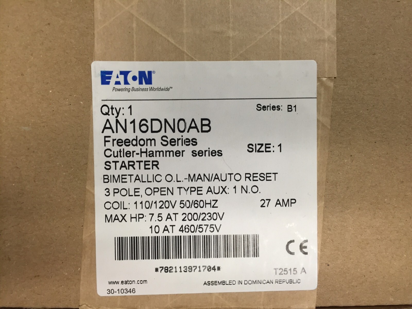 AN16DN0AB Freedom Series Starter 3POLE 27AMP Nema Size 1 EATON/Cutler Hammer NEW
