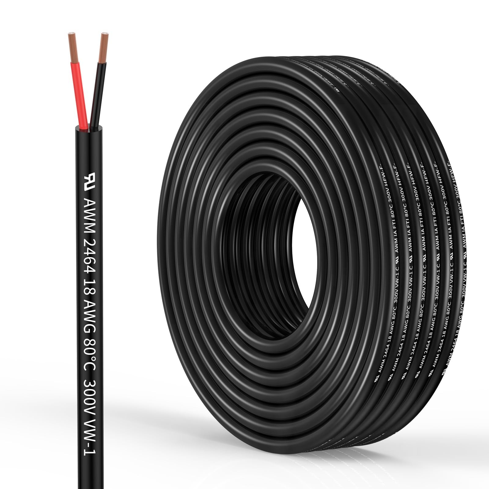 18/2AWG Stranded Wire, 5M Oxygen Free Copper, Flexible LED Power Cord, Black