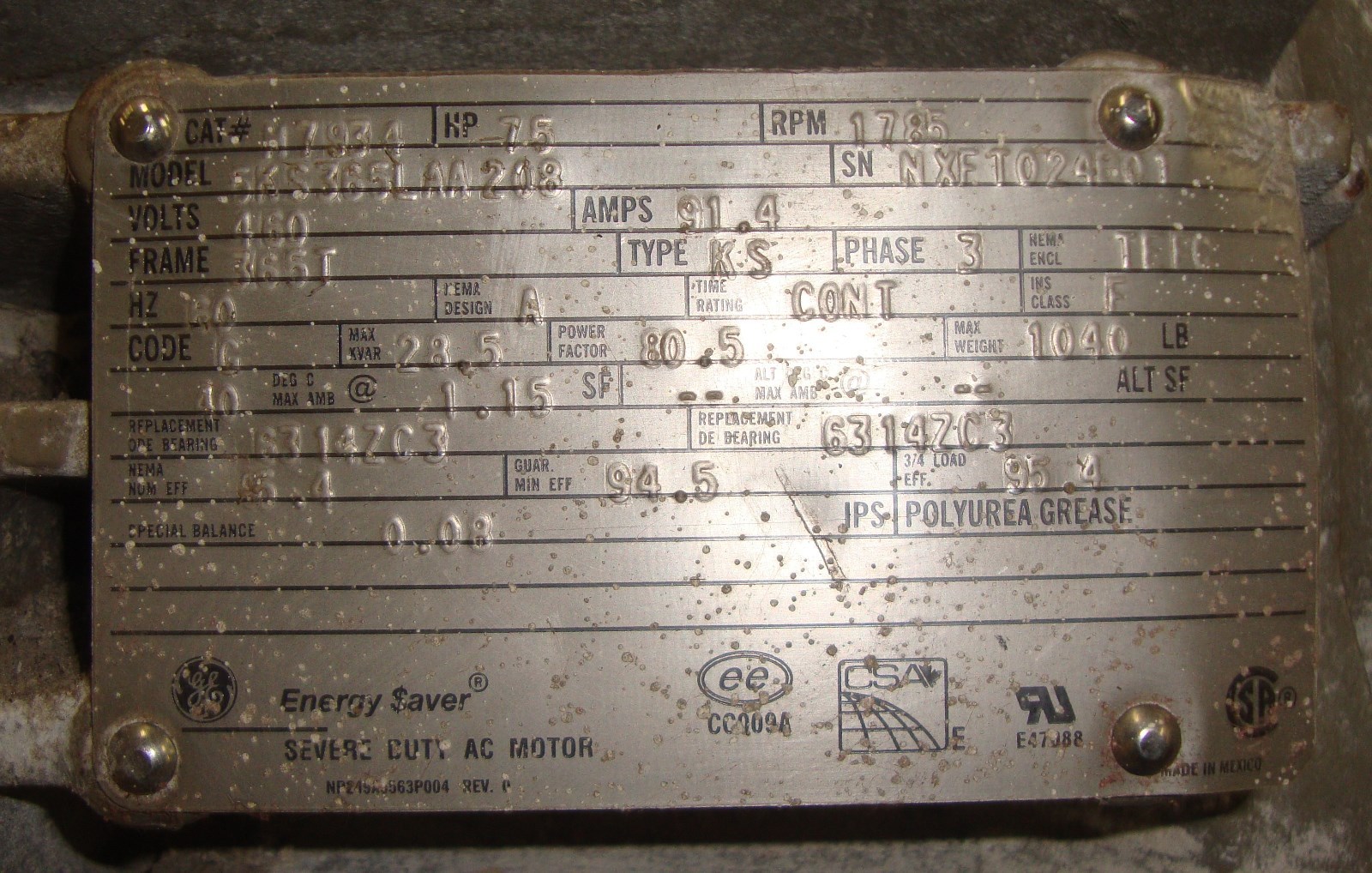 GE Energy Saver Motor Cat # 7934 78 Hp 1725 RPM 460v 3 Phase 18631LR