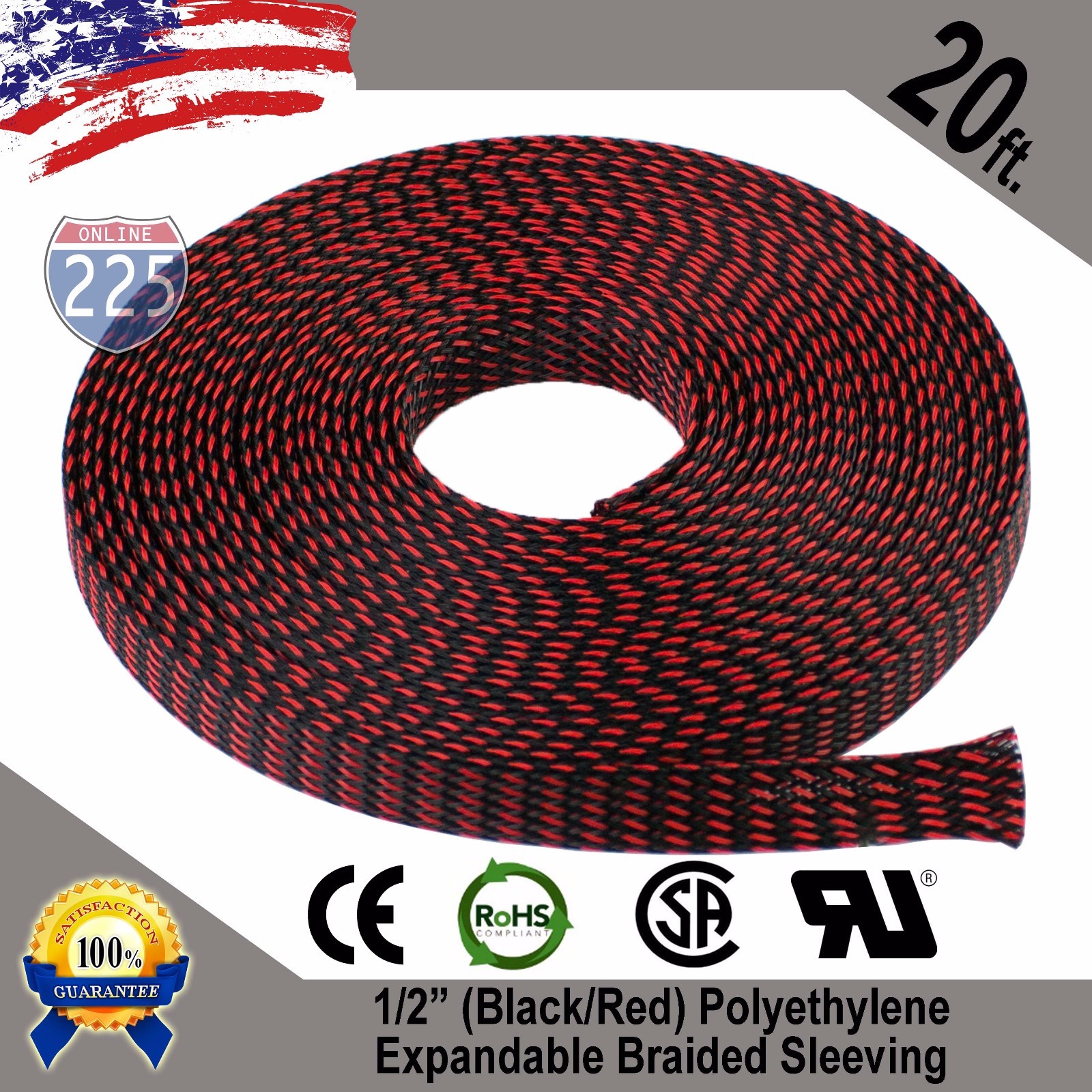 20 FT 1/2″ Black Red Expandable Wire Sleeving Sheathing Braided Loom Tubing US