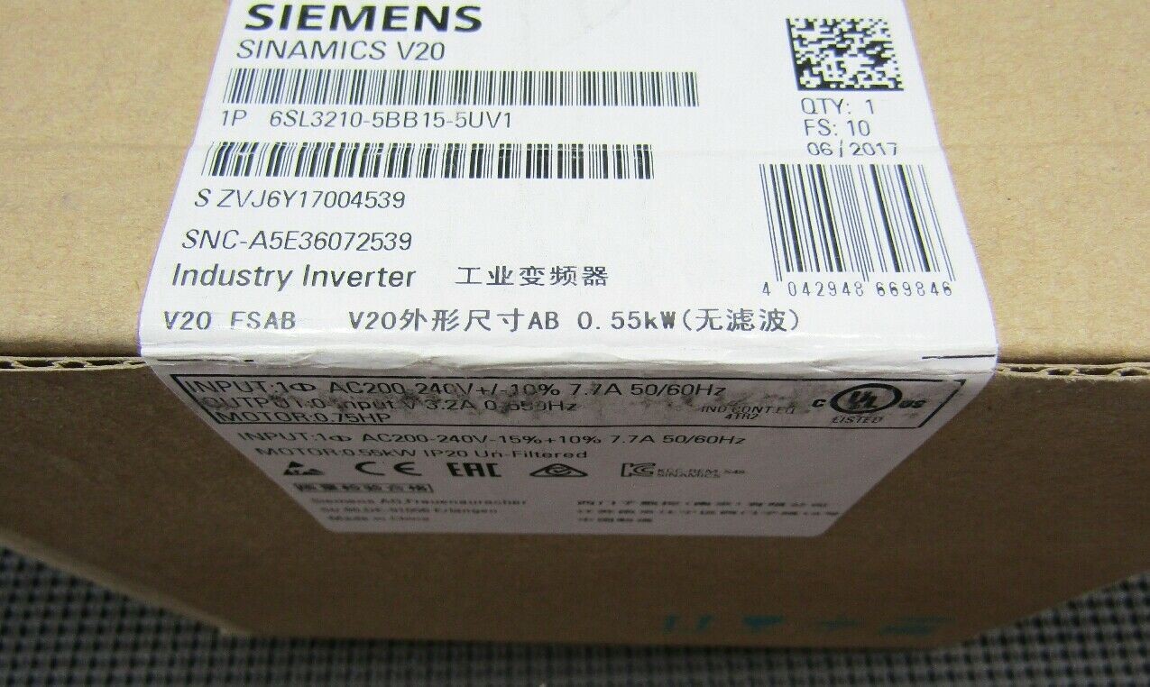 Siemens 6SL3210-5BB15-5UV1 V20 200/240V 7.7A 50/60HZ Industry Inverter