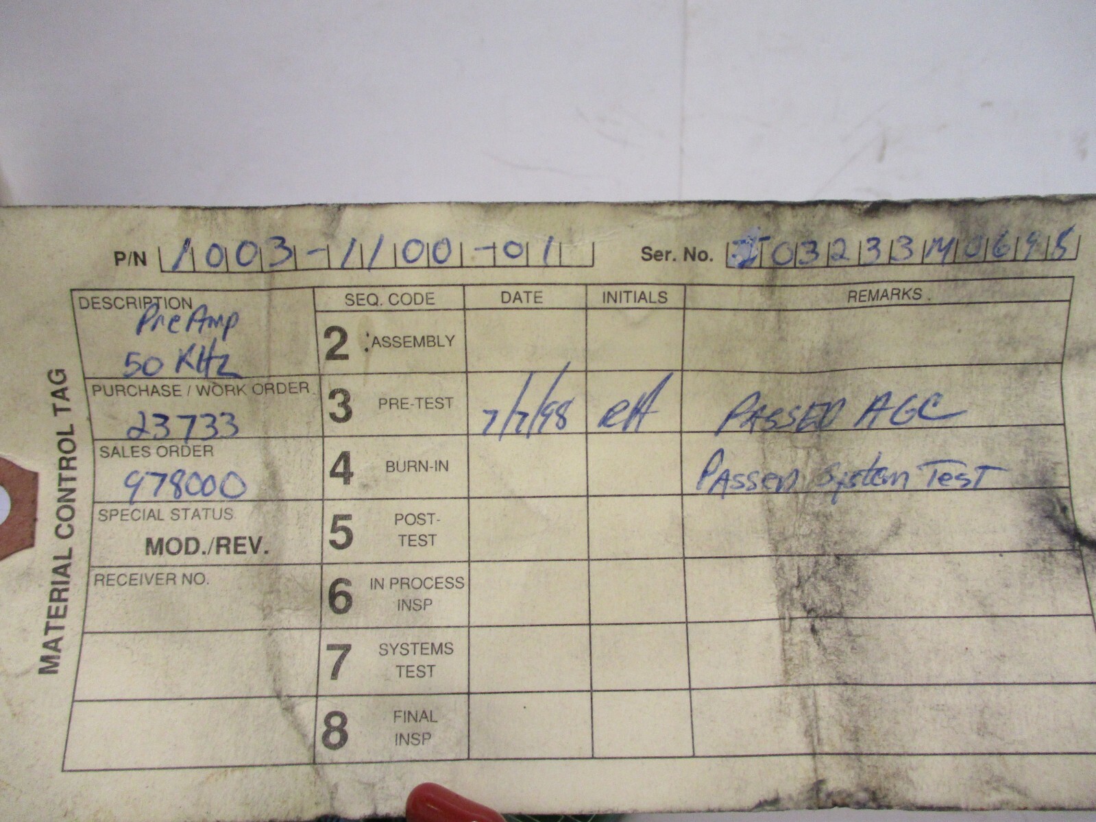 Pre Amplifier Board 1003-1100-01 Pre Amp 50 KHz United Sciences Inc A833AES