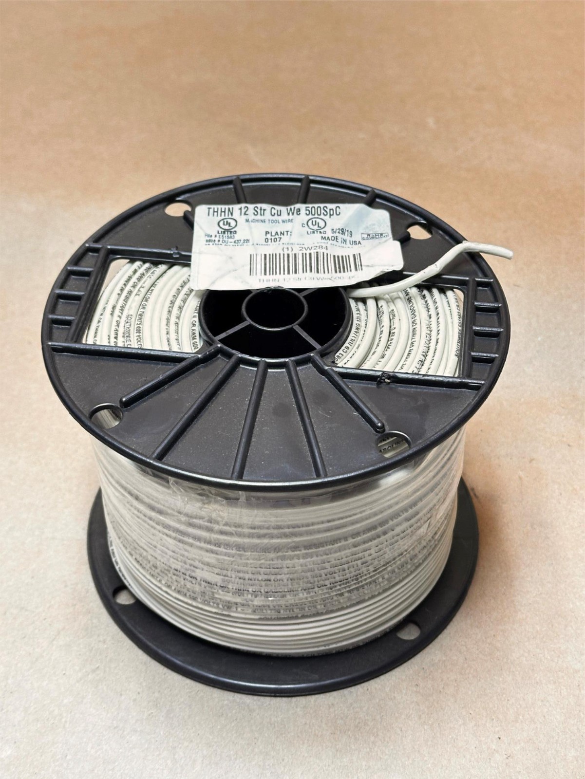 500ft Machine Tool Wire 12Str 12Awg THHN Cu 500SpC WHITE Wire 600V USA Made
