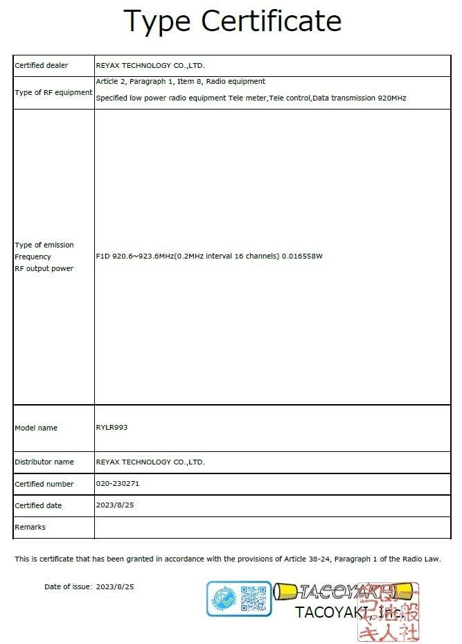 RYLR993_Lite 868/915MHz LoRaWAN® & Proprietary FCC NCC CE MIC certification