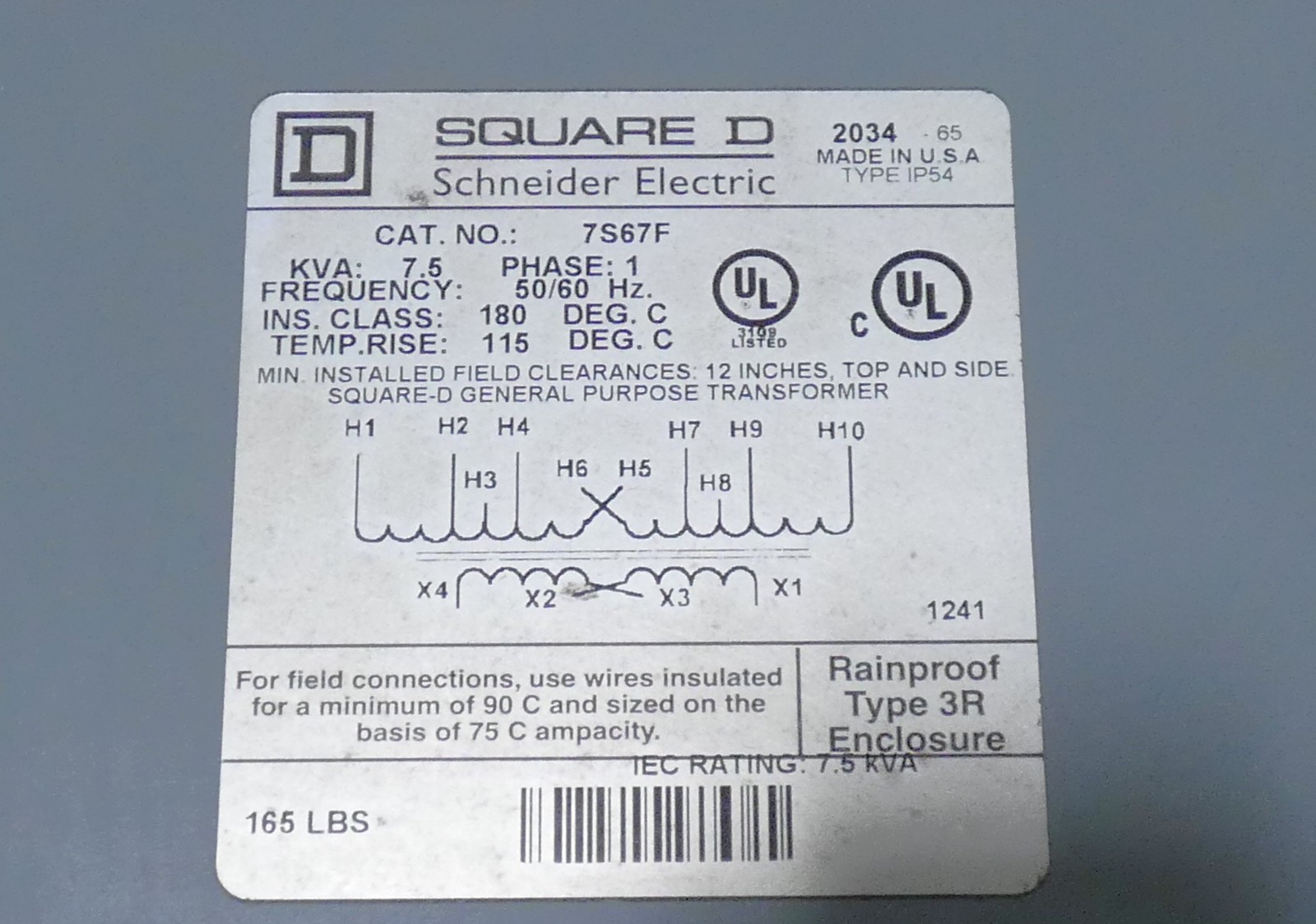 7.5kVa Square D 7S67F General Purpose Transformer 1PH – NEW Surplus!