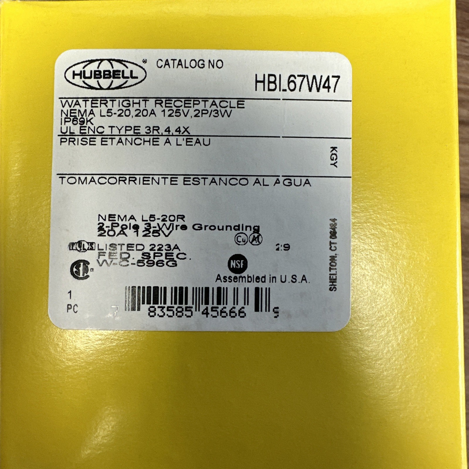 HUBBELL HBL67W47 WATERTIGHT RECEP ASSEMBLY, NEMA L5-20R – NEW!