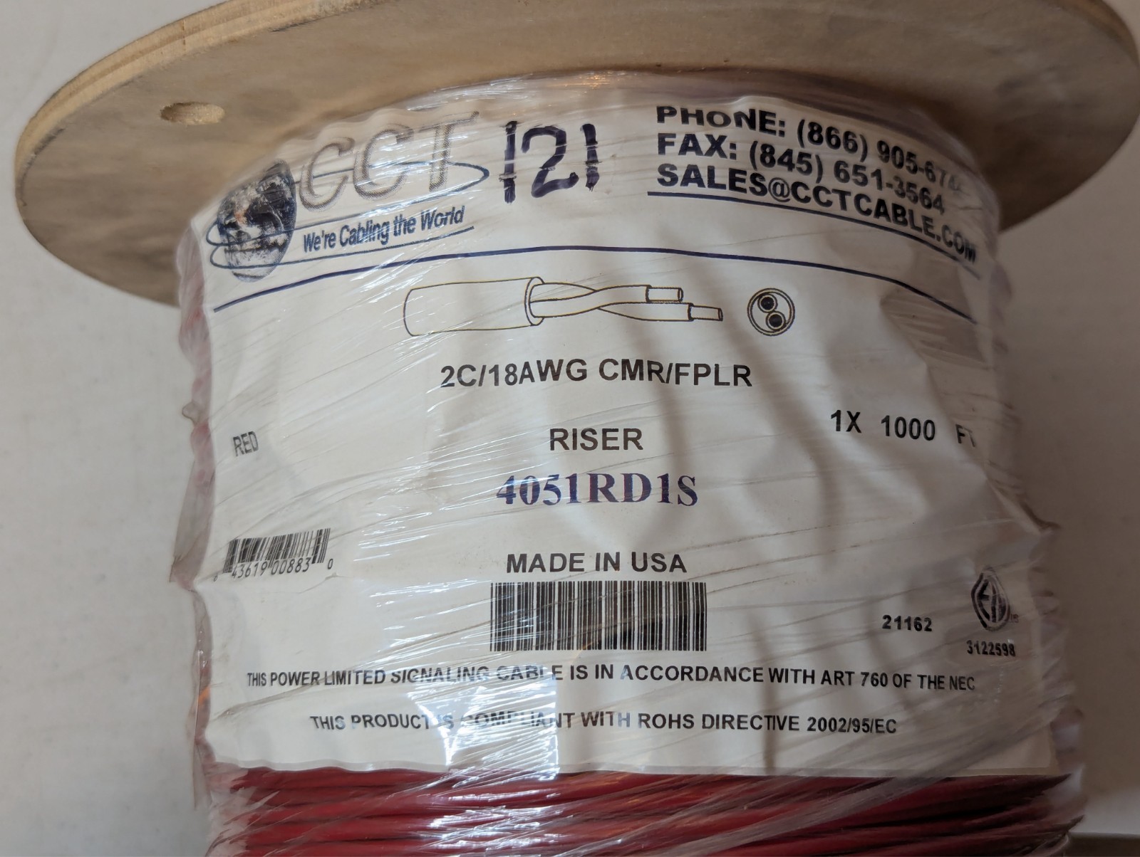 CCT 4051RD1S 18AWG 2C Solid Fire Alarm Cable FPLR 1, 000 Ft. Spool Red