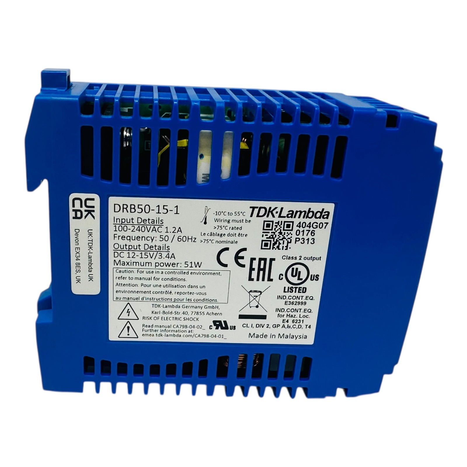 TDK-LAMBDA DRB50-15-1 DIN Rail Power Supplies 51W 115-230VAC 15V 3.4A NEW/NOS