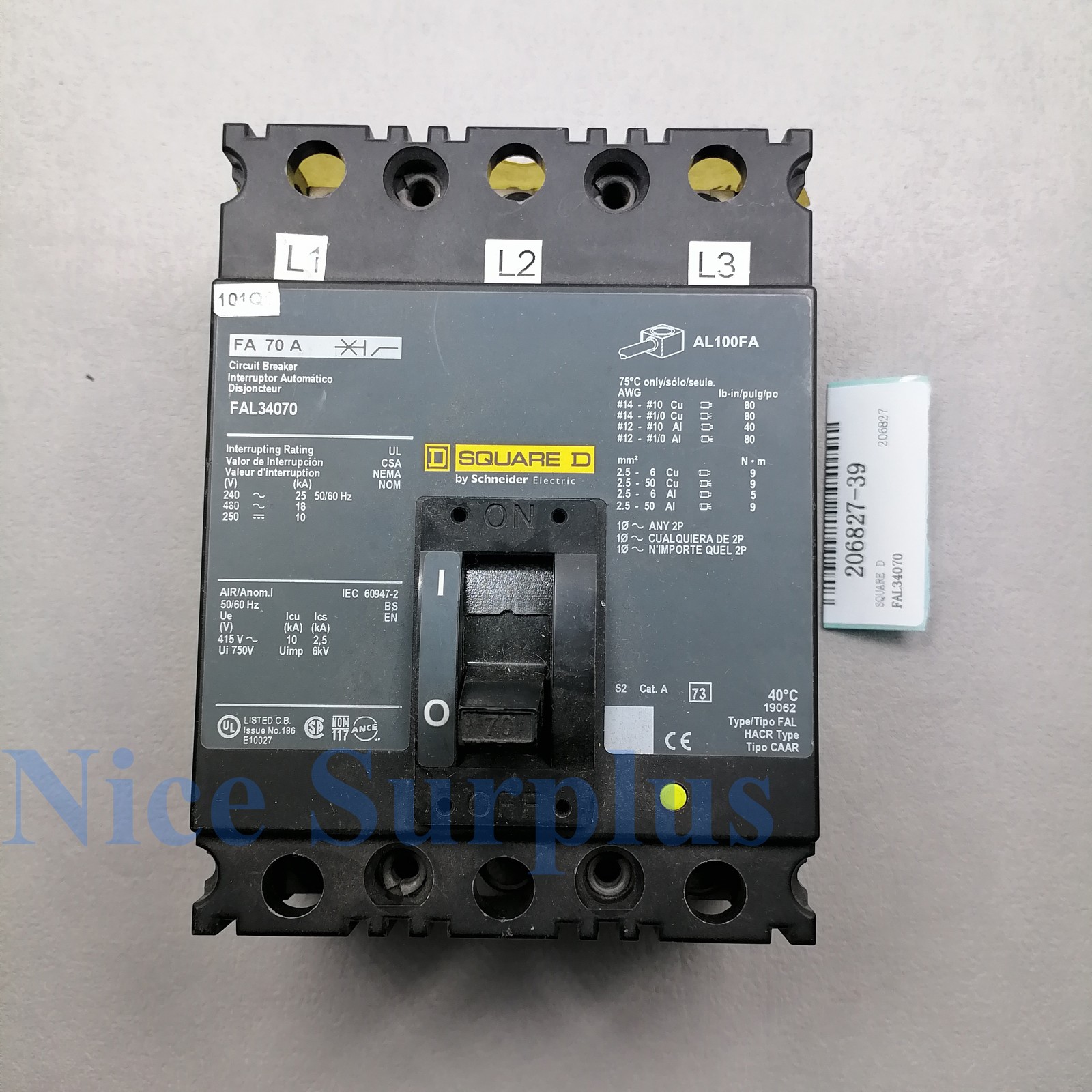 Square D Circuit Breaker FAL34070 #206827-39