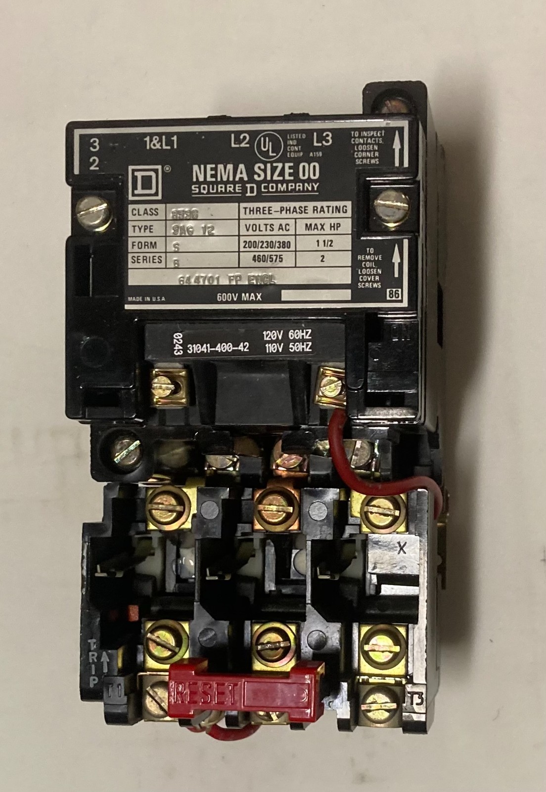 Nema Size 00 Magnetic Motor Starter 8536SAG12S Square D 120VAC 2HP