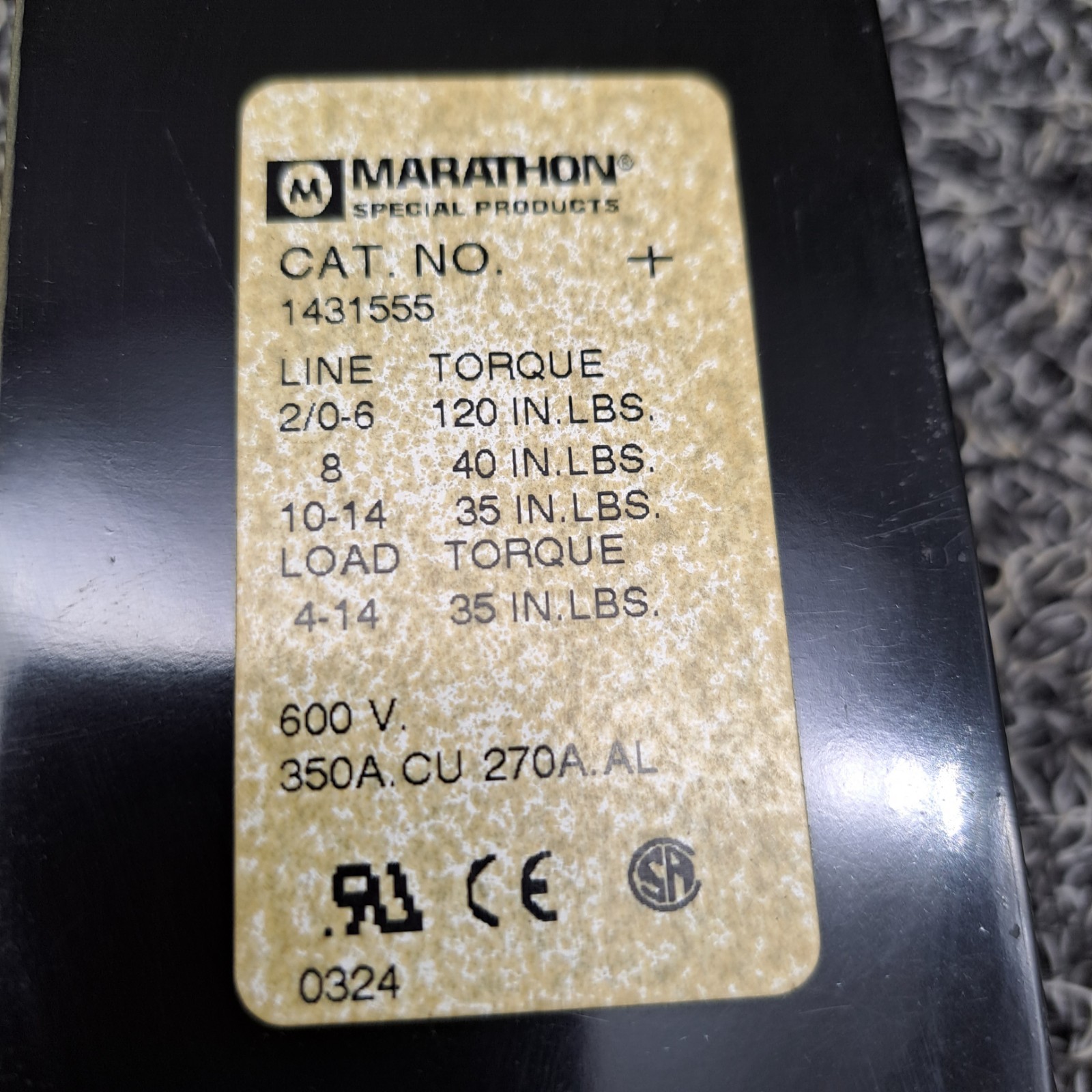 Marathon 1431555 Power Distribution Block. 350A 600V