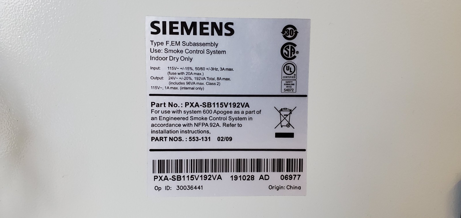 SIEMENS PXA-SB115V192VA TYPE F, EM SUBASSEMBLY SMOKE CONTROL POWER SUPPLY TESTED
