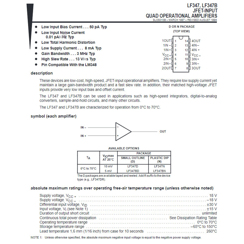 Quality LF347DR SOIC-14 TI IC JFET-Input Quad Operational Amplifiers SMD Chip