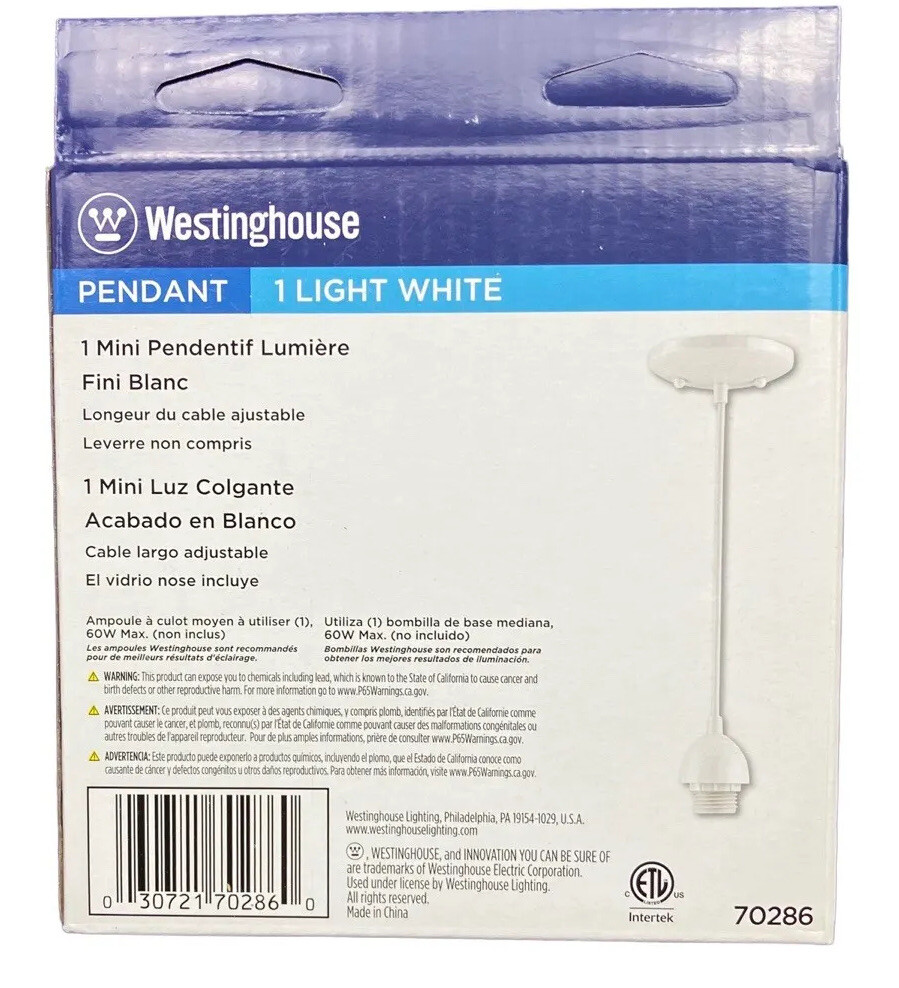 Westinghouse 1 Light Mini Pendant White Finish, Adjustable Cord Length, 70286