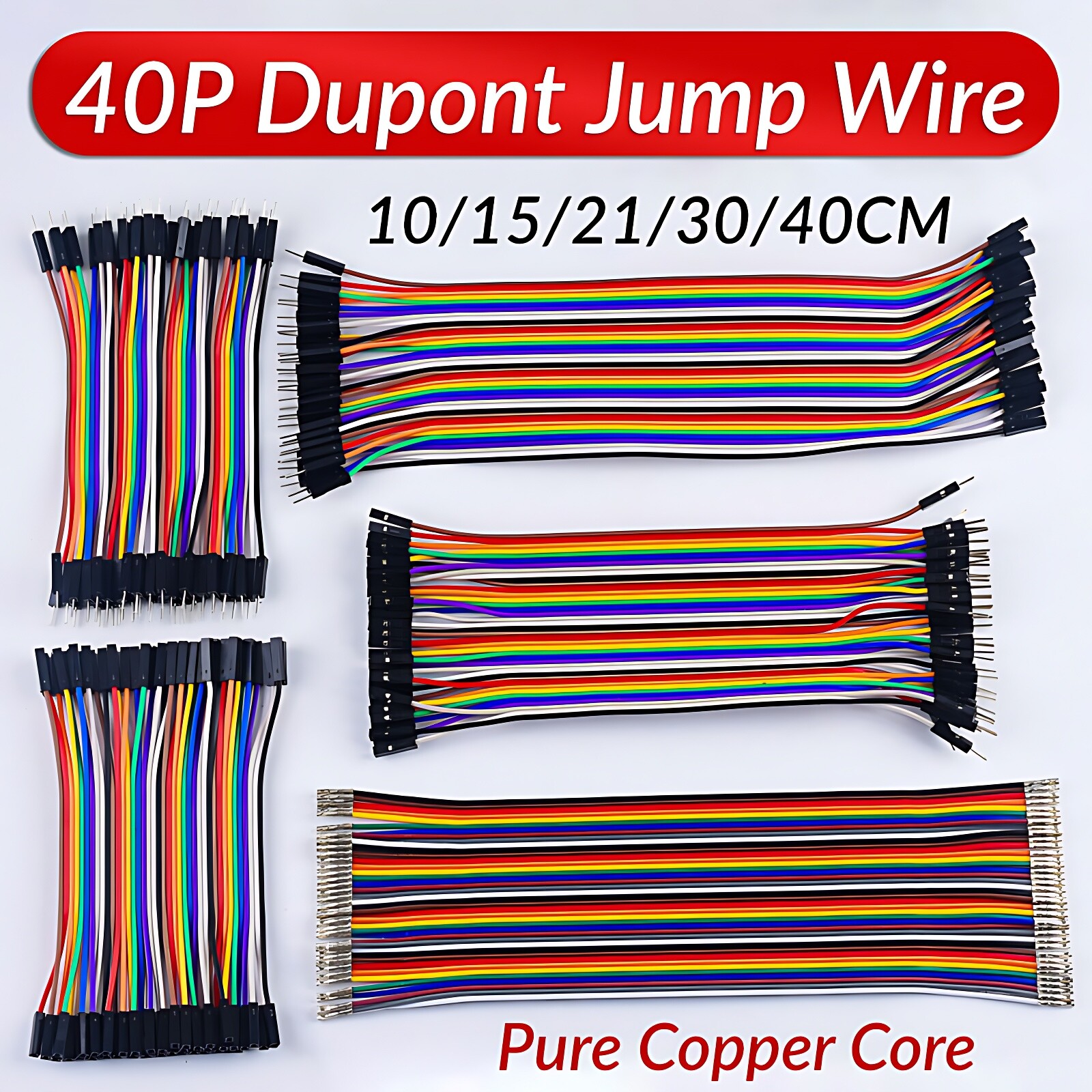 40P Dupont Jump Wire M-F M-M F-F Jumper Breadboard Cable Lead 10/15/21/30/40cm