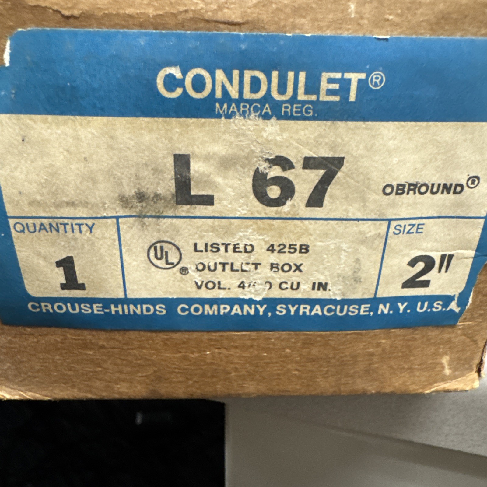 Crouse-Hinds L67, RIGID CONDUIT OUTLET BODY, 2 L FORM 7 THRD RIGID OUTLET 1 EA