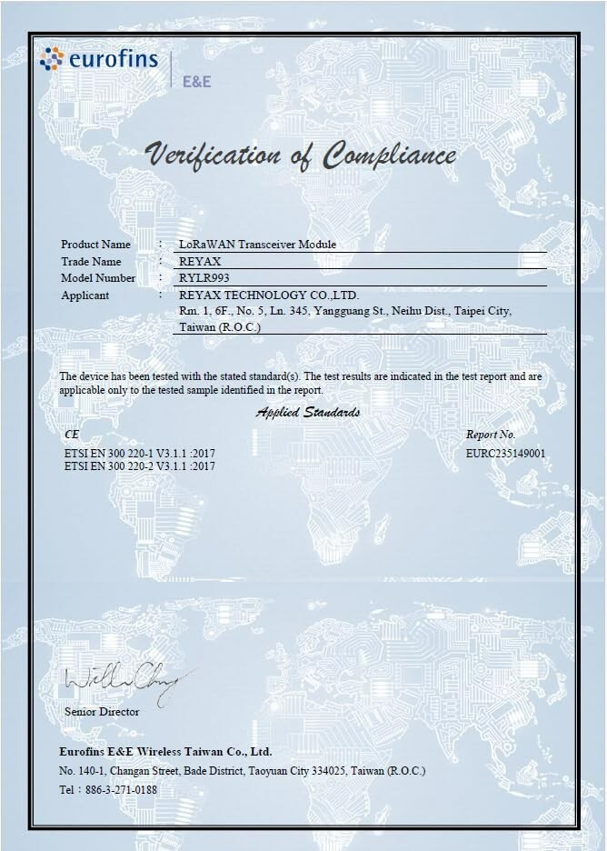 RYLR993_Lite 868/915MHz LoRaWAN® & Proprietary FCC NCC CE MIC certification