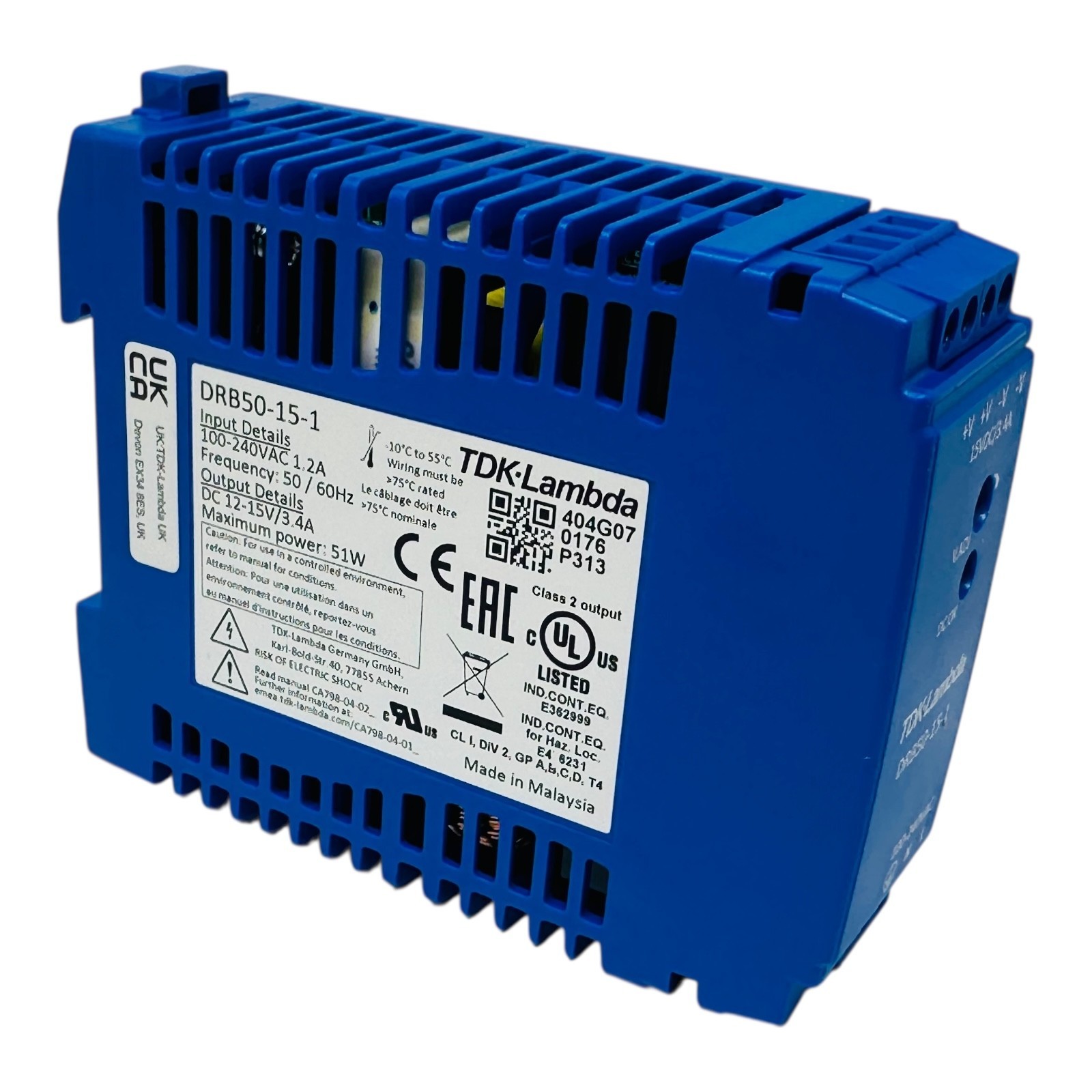 TDK-LAMBDA DRB50-15-1 DIN Rail Power Supplies 51W 115-230VAC 15V 3.4A NEW/NOS