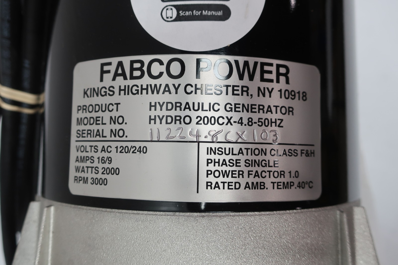 Fabco Hydro 200CX-4.8-50HZ Hydraulic Generator 2kw 3000rpm 1ph 120/240v-ac