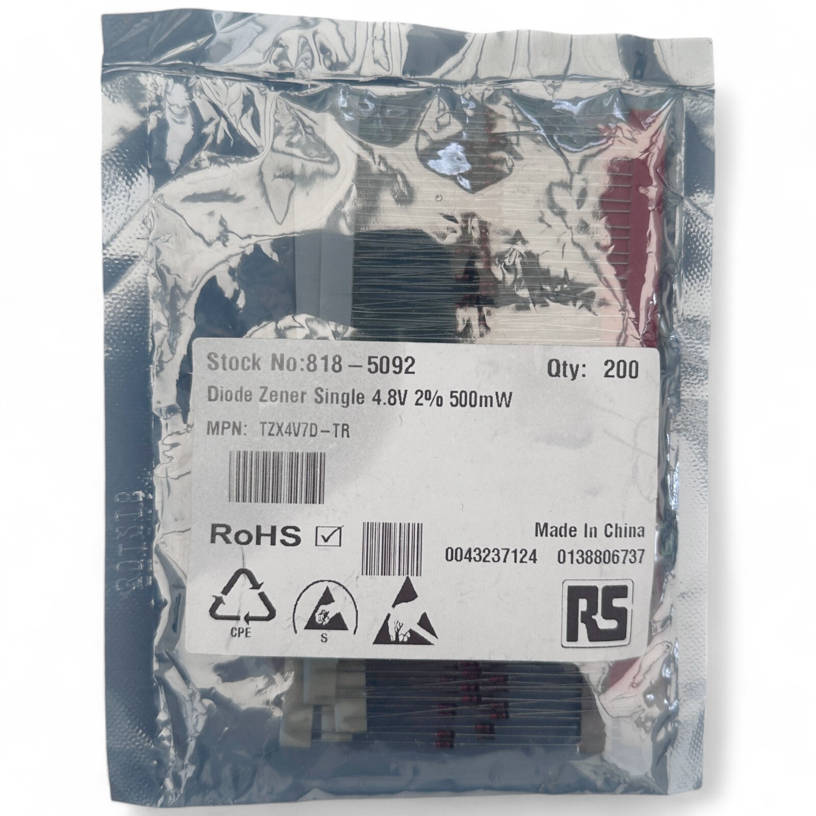 Zener Diode 4.8V 0.5W (500mW) 2% DO35 **200 DIODES PER SALE** BZX55B3V3 818-5092